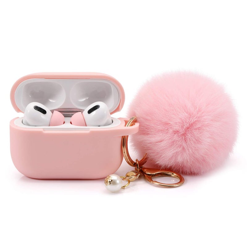Cypher.V Protective Case Cover for Airpods Pro Charging Case with Ear Tips 1 Pair Kit, Air Pods Silicone Case with Soft Cute Ball Pom Pom Keychain Kit Together with Ear Buds Tips 2&1 (X, Light Pink) - Image 1